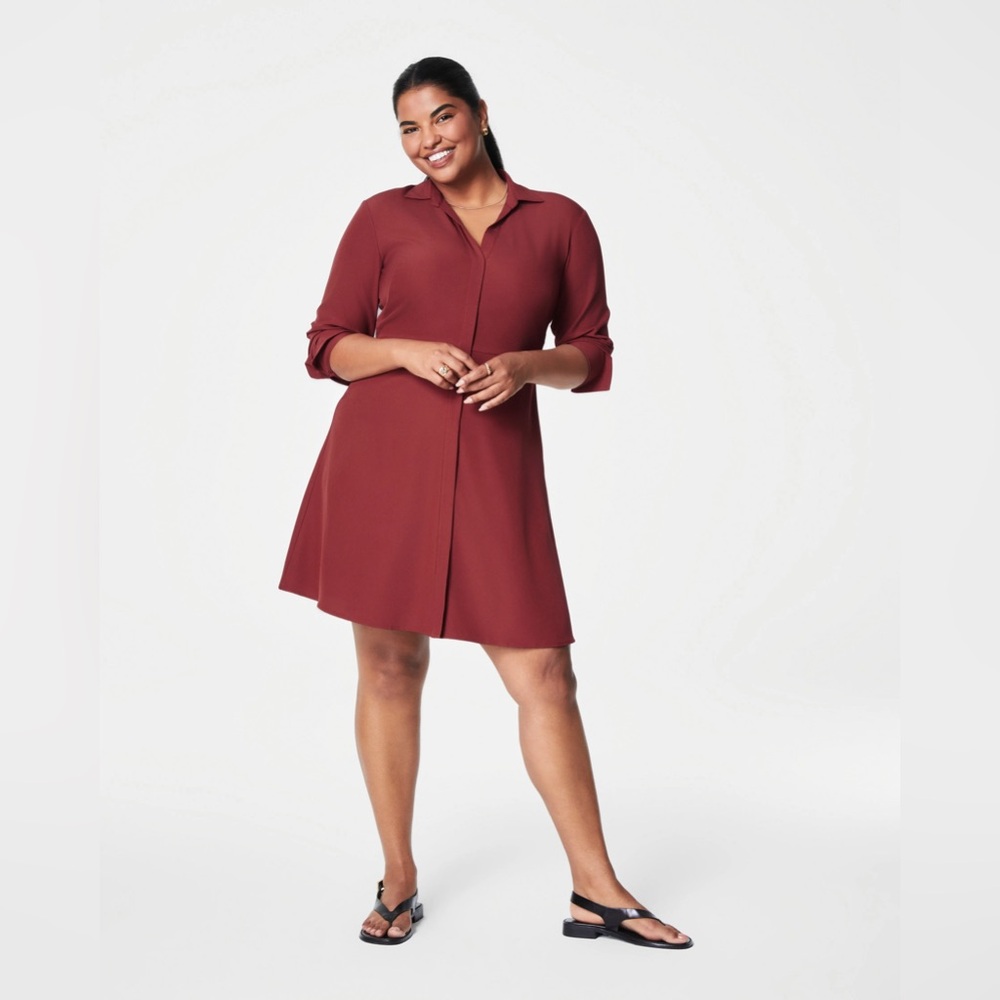 SPANX Long Sleeve A-Line Shirt Dress in Deep Brick Red / Rust Color